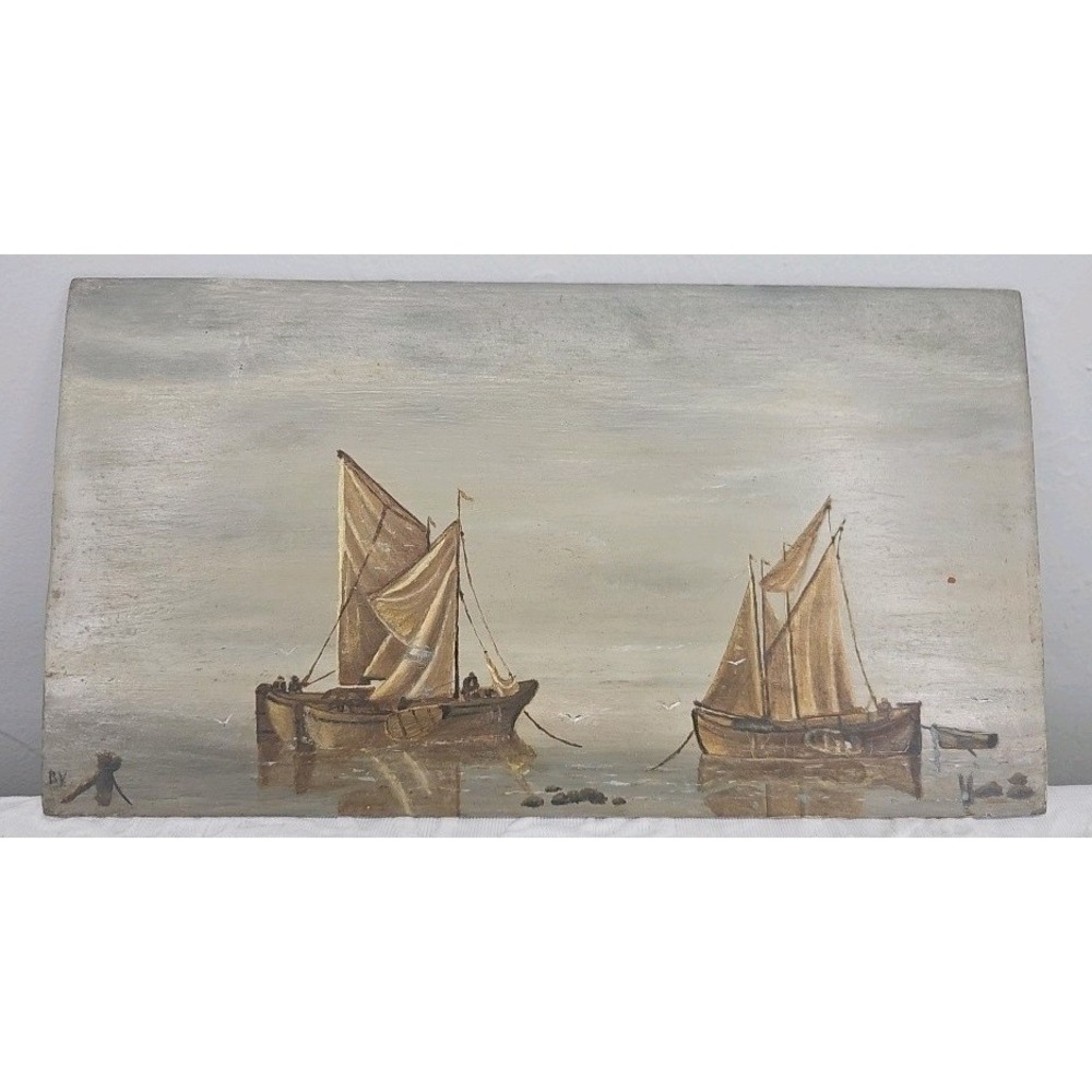 19th Century Dutch‎ Fishing Scene Signed On Oak Panel Hand Painted Folk Art